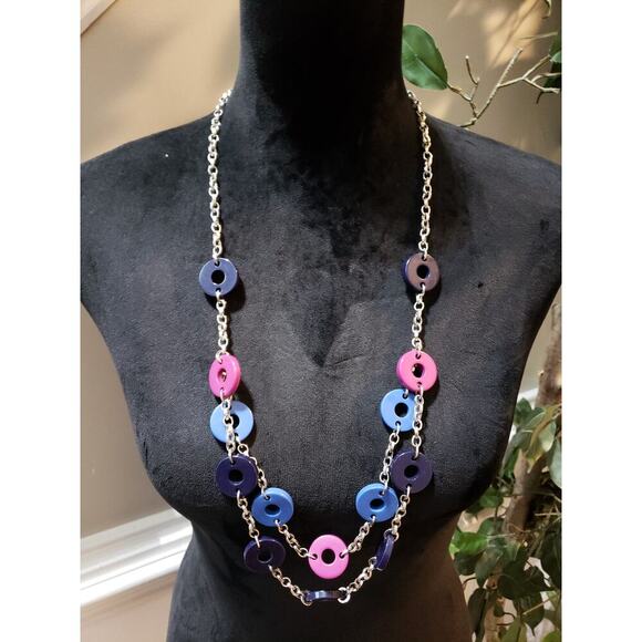 Women's Multicolor Circle Link Necklace Pink Blue Purple Acrylic Lobster Clasp - Picture 1 of 6